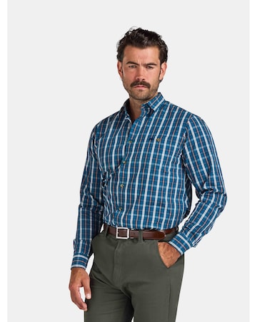 Raging Bull Long Sleeve Linear Check Cotton Poplin Shirt Petrol