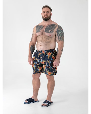 D555 Big and Tall  DAWSON AO Hawaiian Printed Swim Zipper Pocket Shorts - Navy