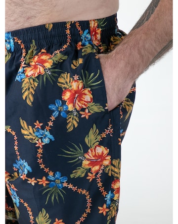 D555 Big and Tall  DAWSON AO Hawaiian Printed Swim Zipper Pocket Shorts - Navy