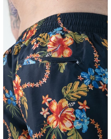 D555 Big and Tall  DAWSON AO Hawaiian Printed Swim Zipper Pocket Shorts - Navy