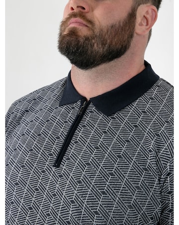 D555 Big and Tall  PERRY Jacquard Knitted Polo With Quarter Neck Zip - Navy