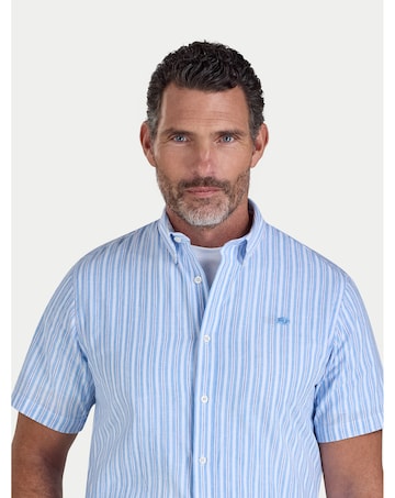 Raging Bull Short Sleeve Bournmouth Stripe Linen Shirt Sky Blue
