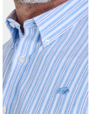 Raging Bull Short Sleeve Bournmouth Stripe Linen Shirt Sky Blue