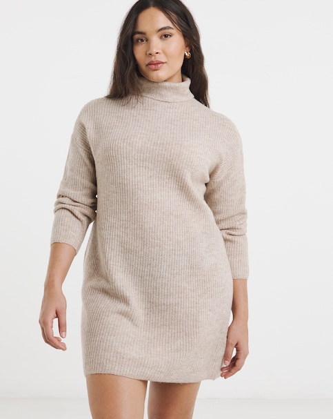 Oatmeal Roll Neck Knitted Mini Dress