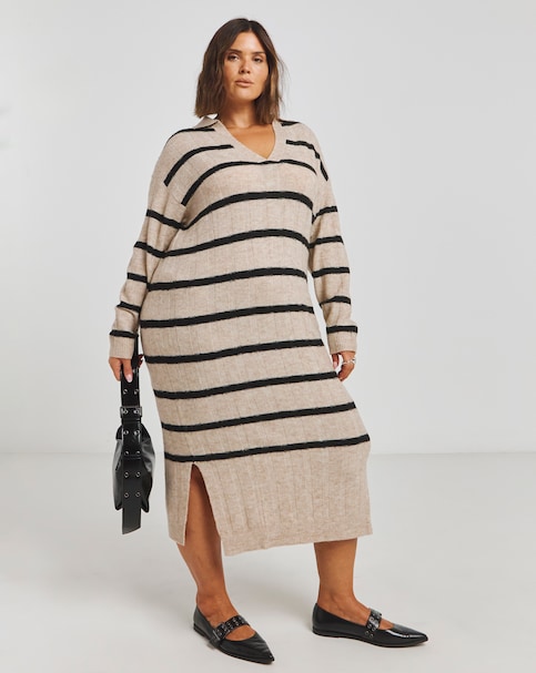 Oatmeal Stripe Rib Collar Midaxi Dress