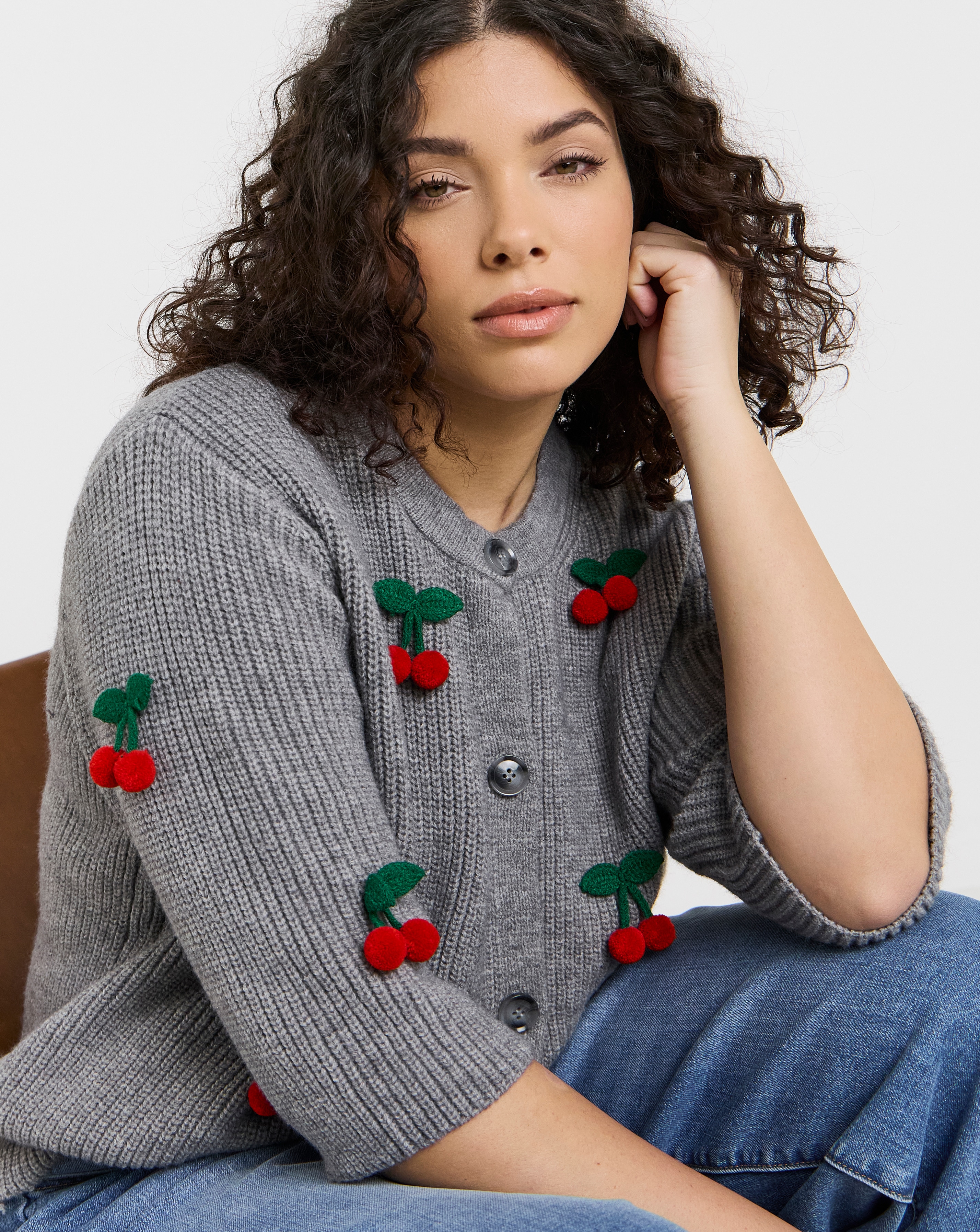 Short Sleeve Cherry Applique Cardigan