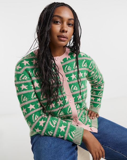 Green & Pink Fa La La La Christmas Cardigan