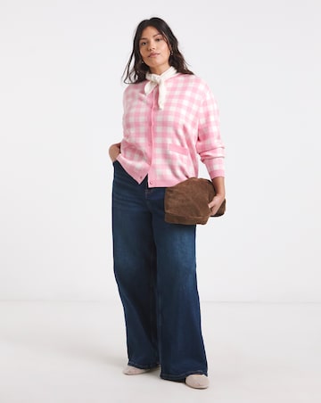 Pink Check Gingham Crew Neck Cardigan