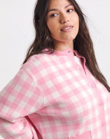 Pink Check Gingham Crew Neck Cardigan