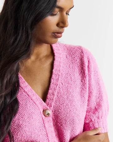 Pink Textured Puff Sleeve Gold Button Cardigan