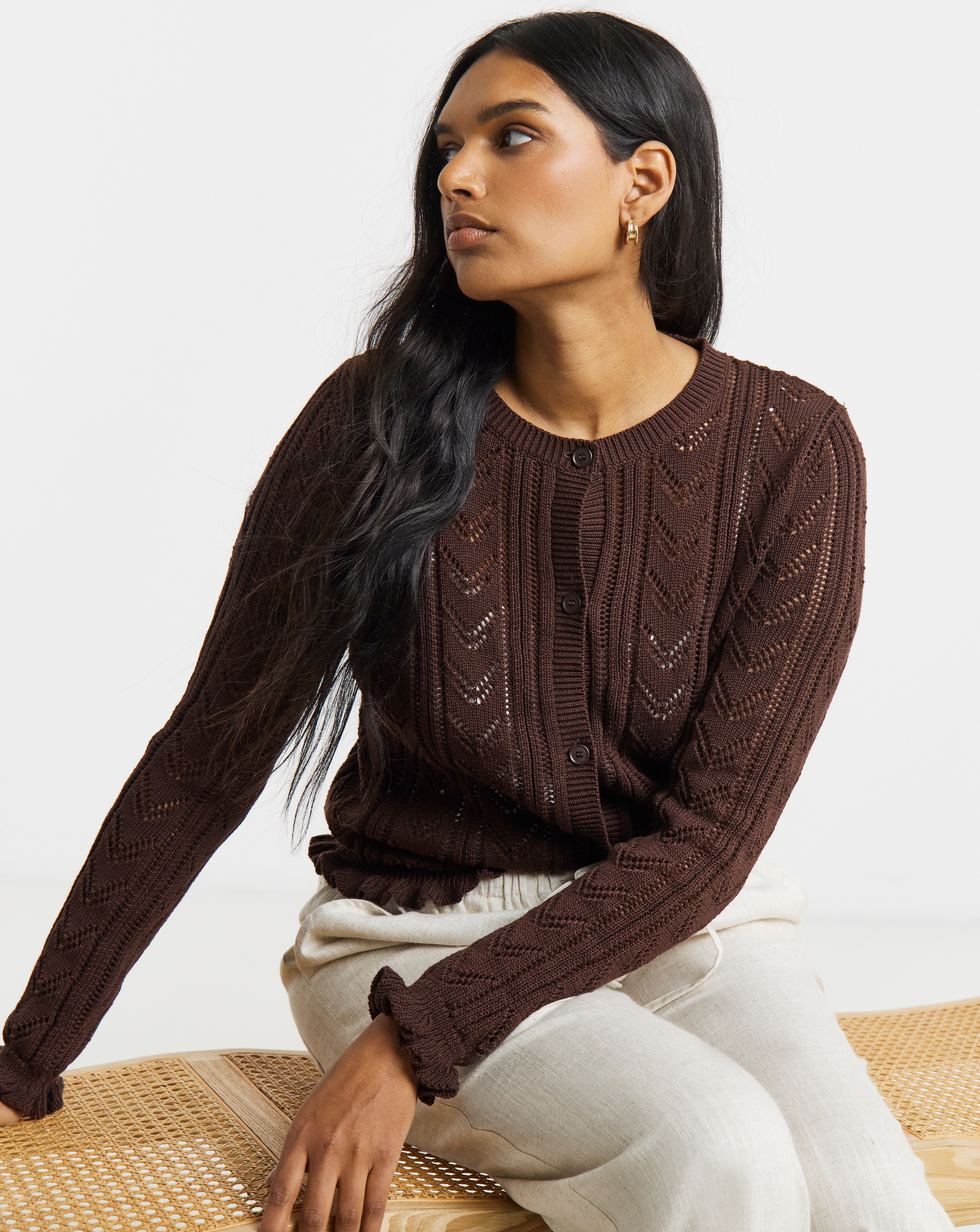 New In - Pointelle Crew Neck Frill Hem Cardigan