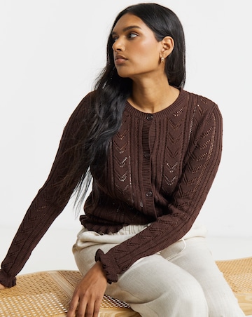 Chocolate Pointelle Crew Neck Frill Hem Cardigan