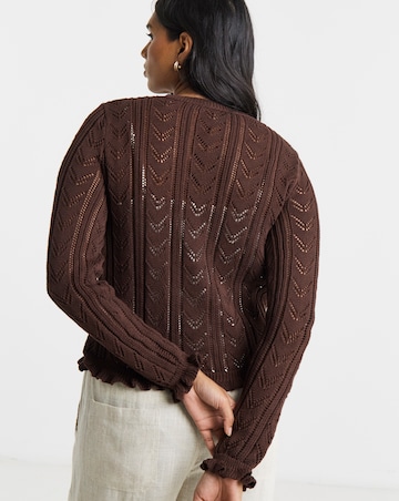 Chocolate Pointelle Crew Neck Frill Hem Cardigan