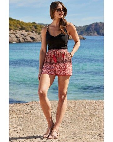 Sosandar Red Scarf Print Tassel Detail Shorts