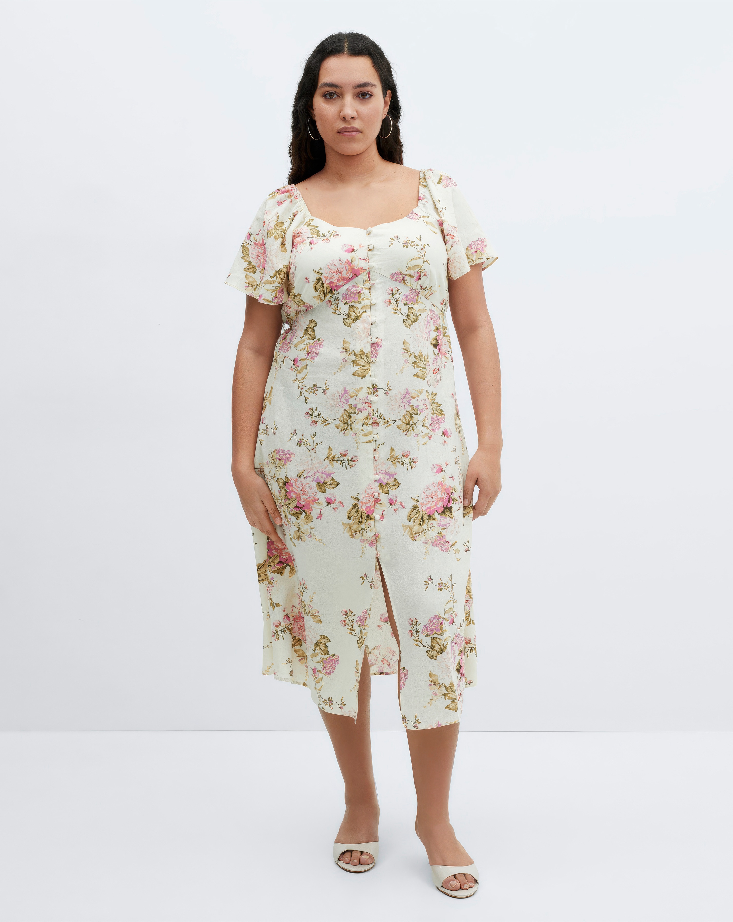 Mango Floral Pint Linen Midi Dress