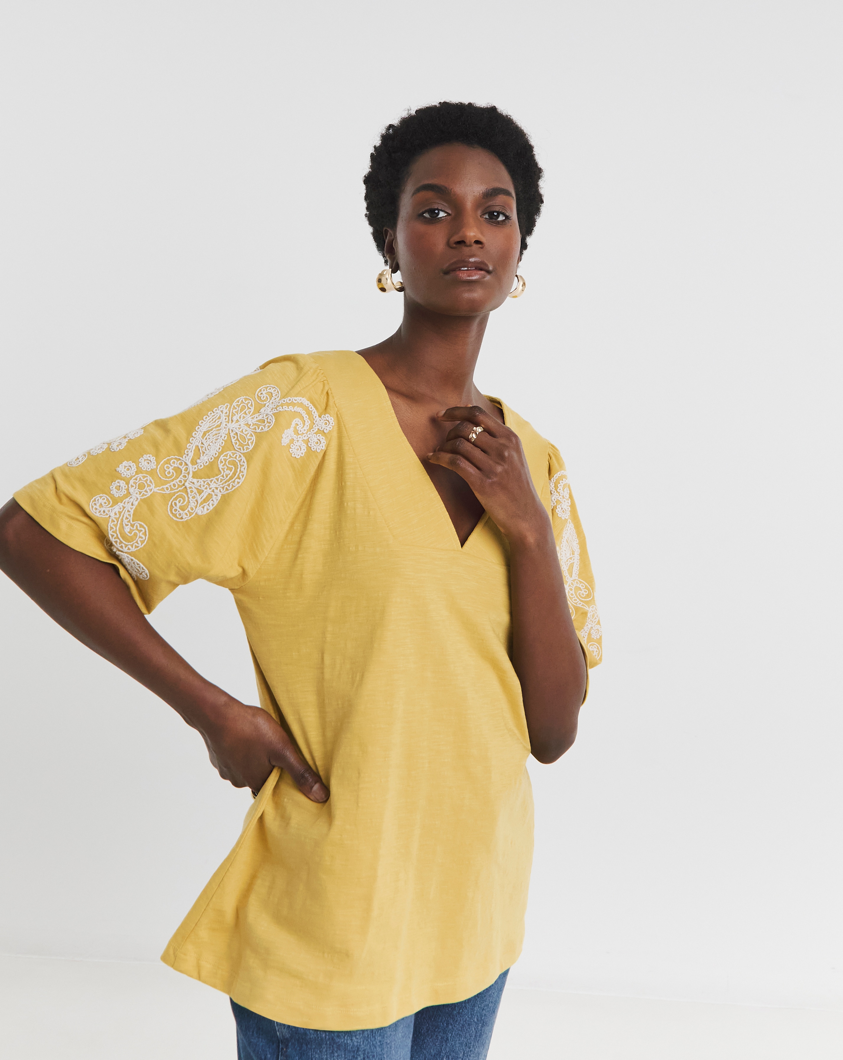 V Neck Embroidered Sleeve Top