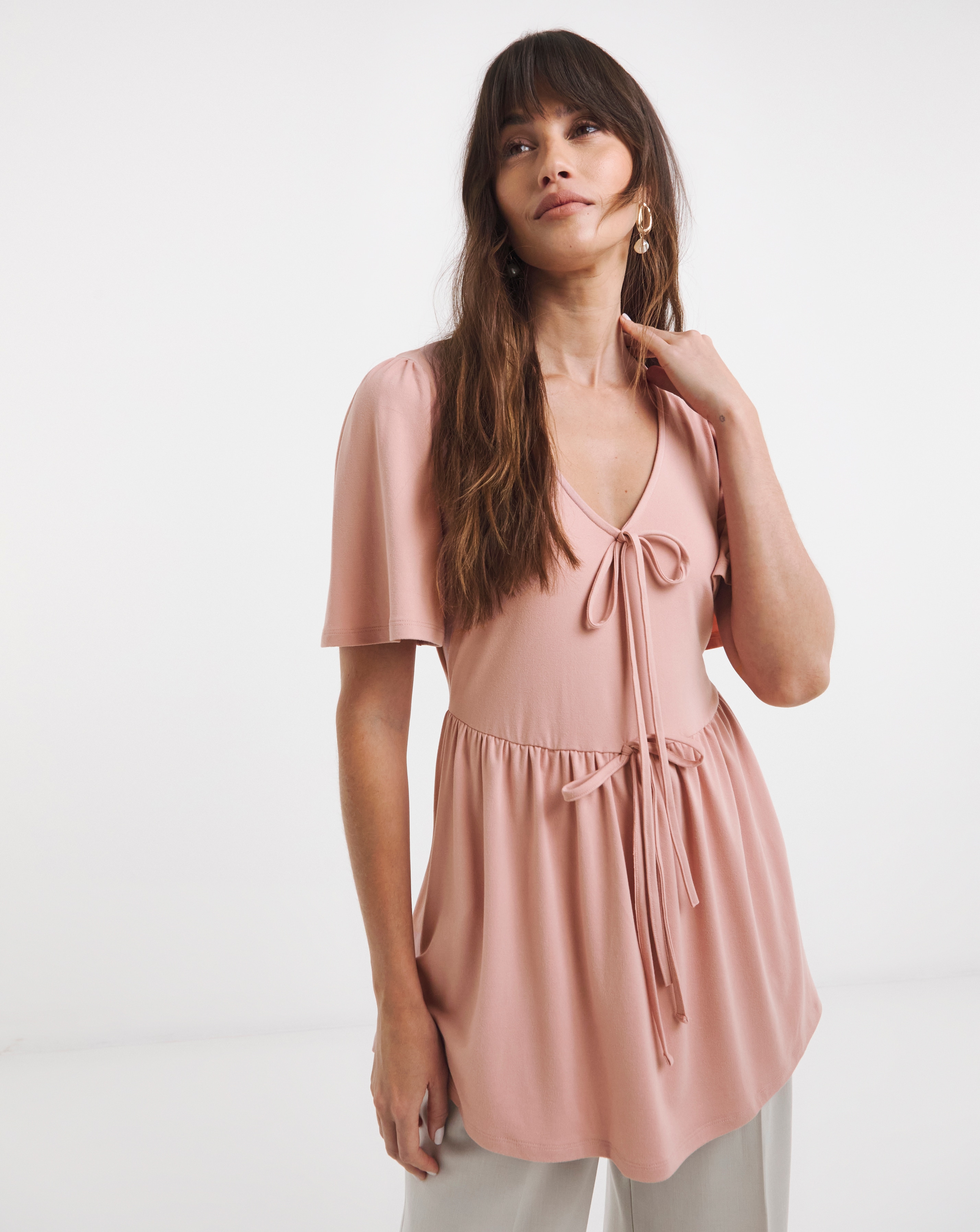 Tie Front Angel Sleeve Longline Top