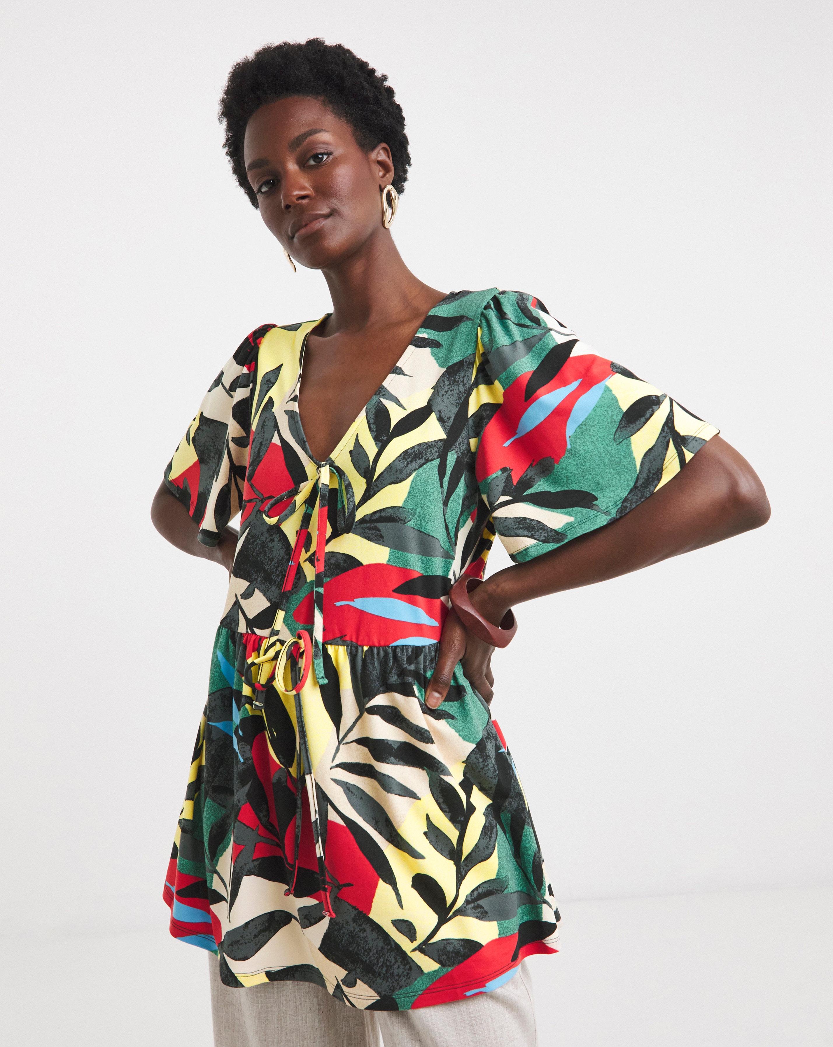 Tie Front Angel Sleeve Longline Top