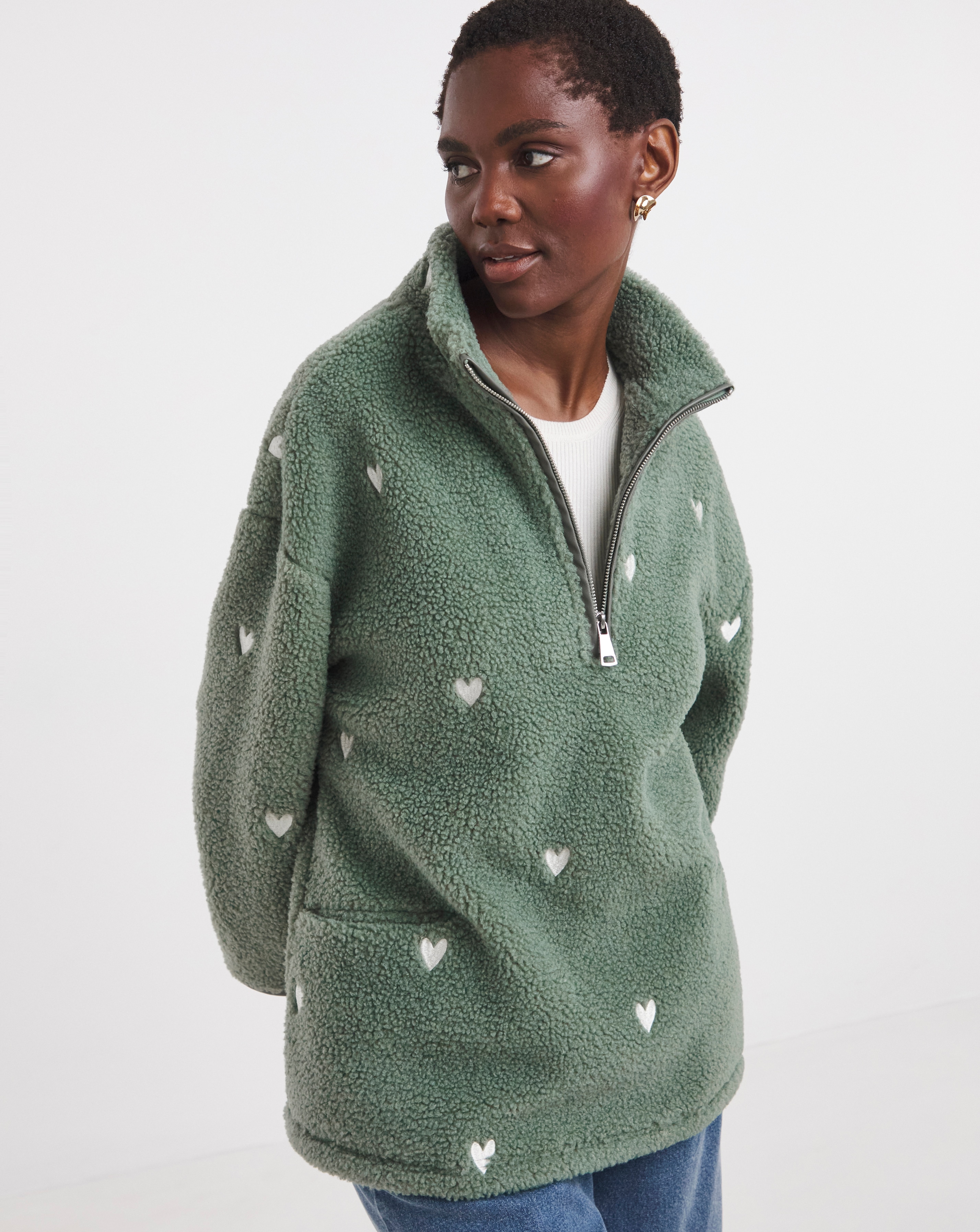 Longline Borg Quarter Zip Embroidered