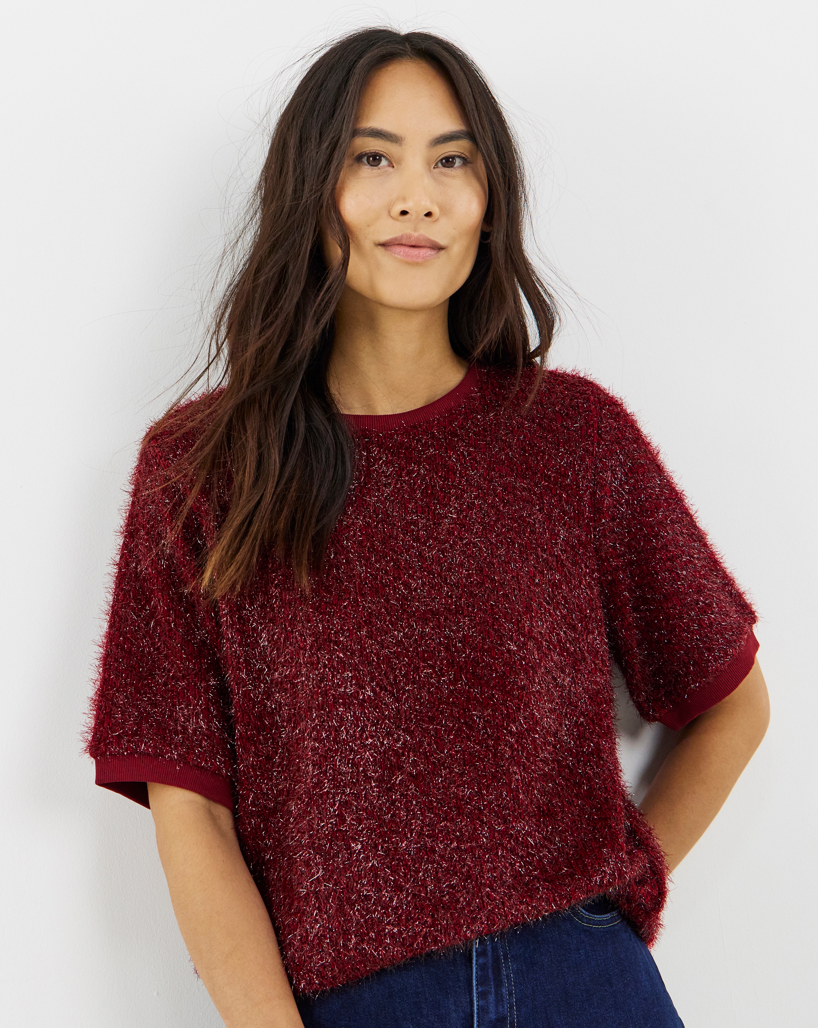 Glitter Knit Short Sleeve Sweatshirt