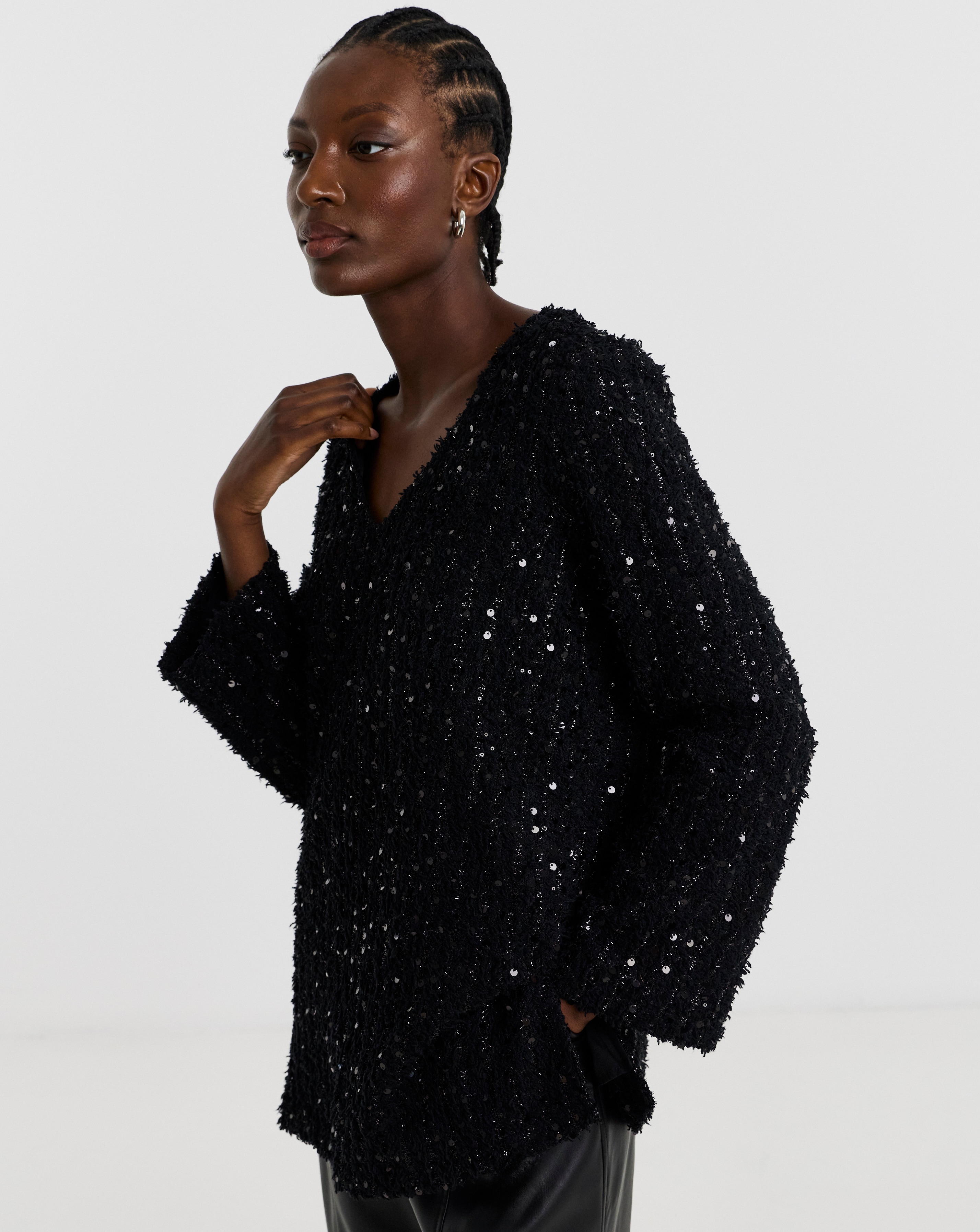 Fluffy Sequin V-Neck Longline Top
