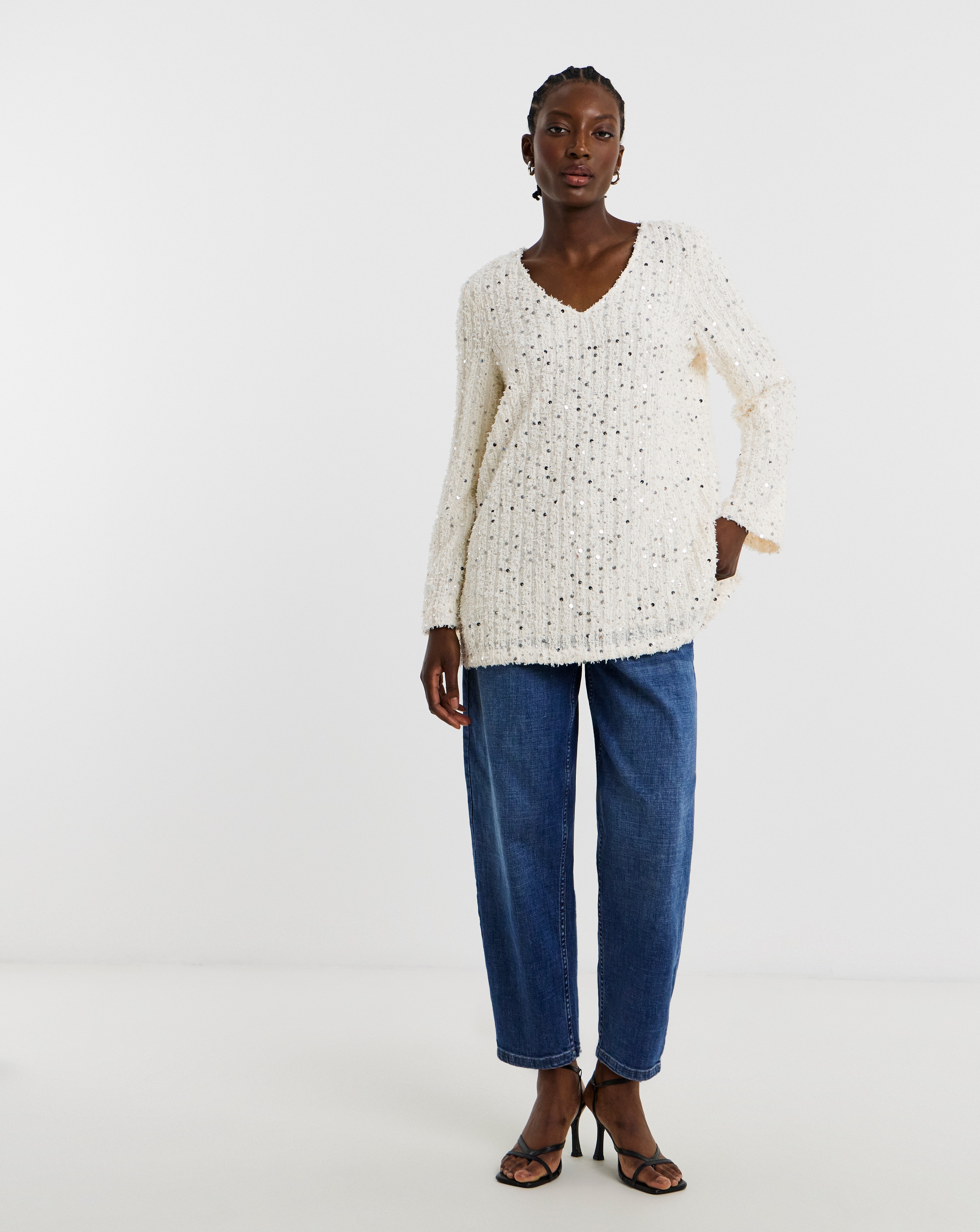 Fluffy Sequin V-Neck Longline Top