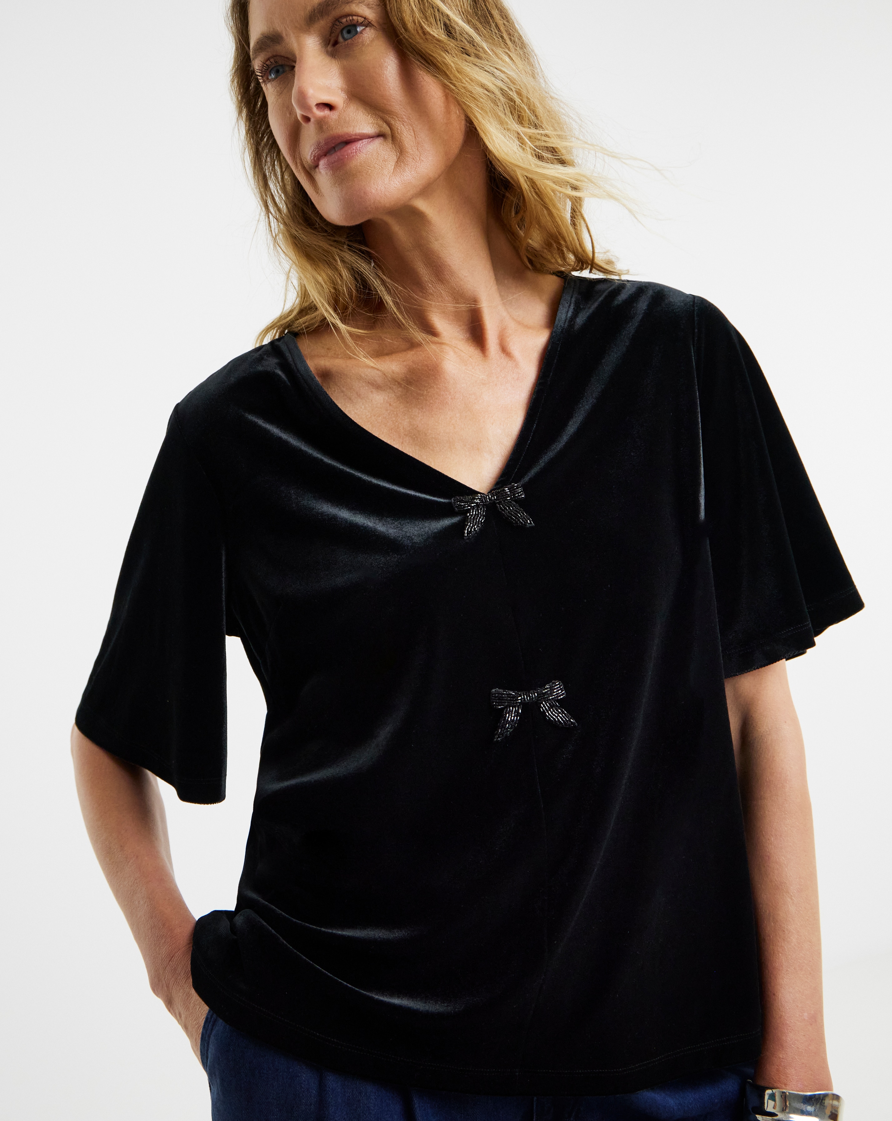 Velvet Bow Front Angel Sleeve Top