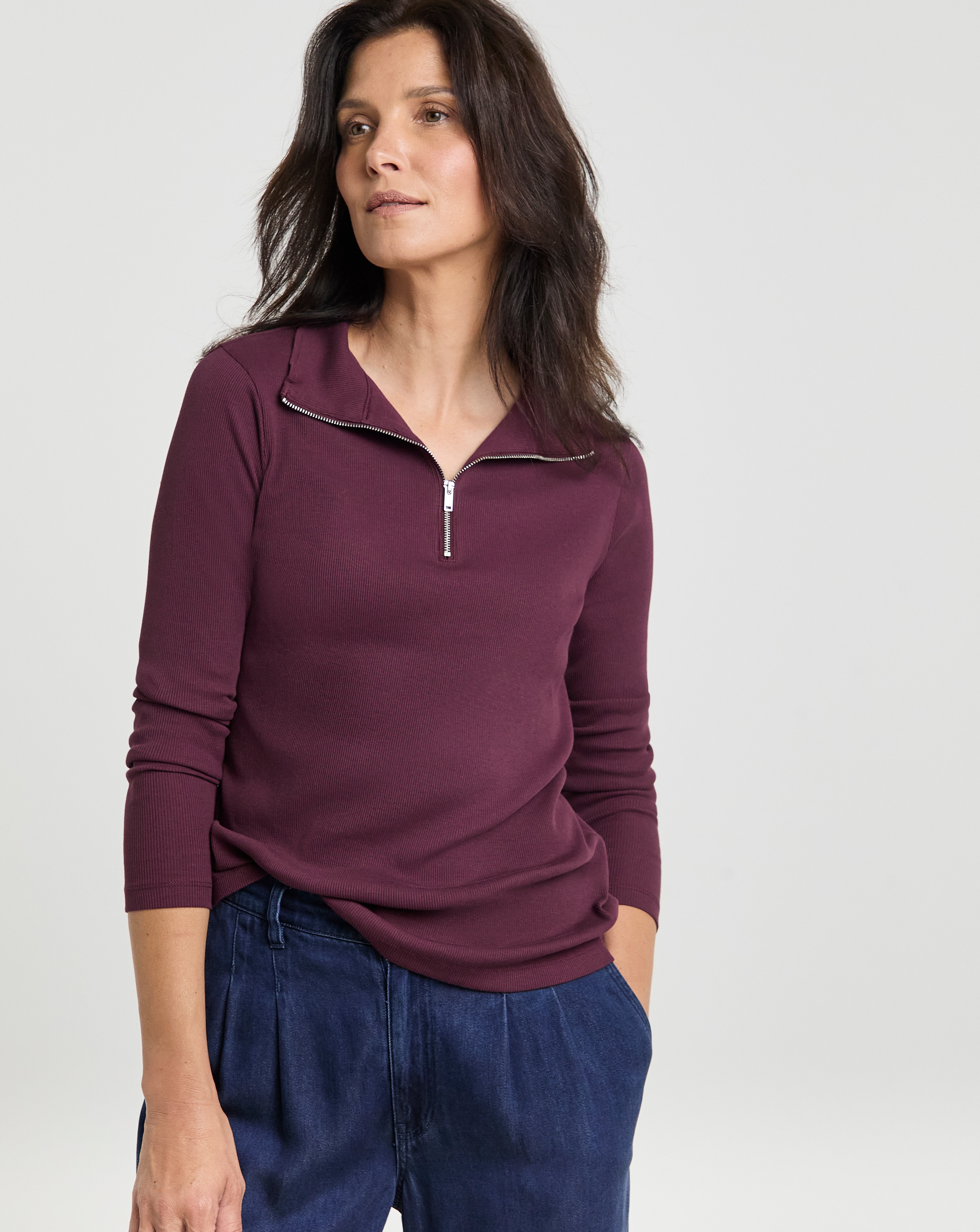 Half Zip Long Sleeve Ribbed Top