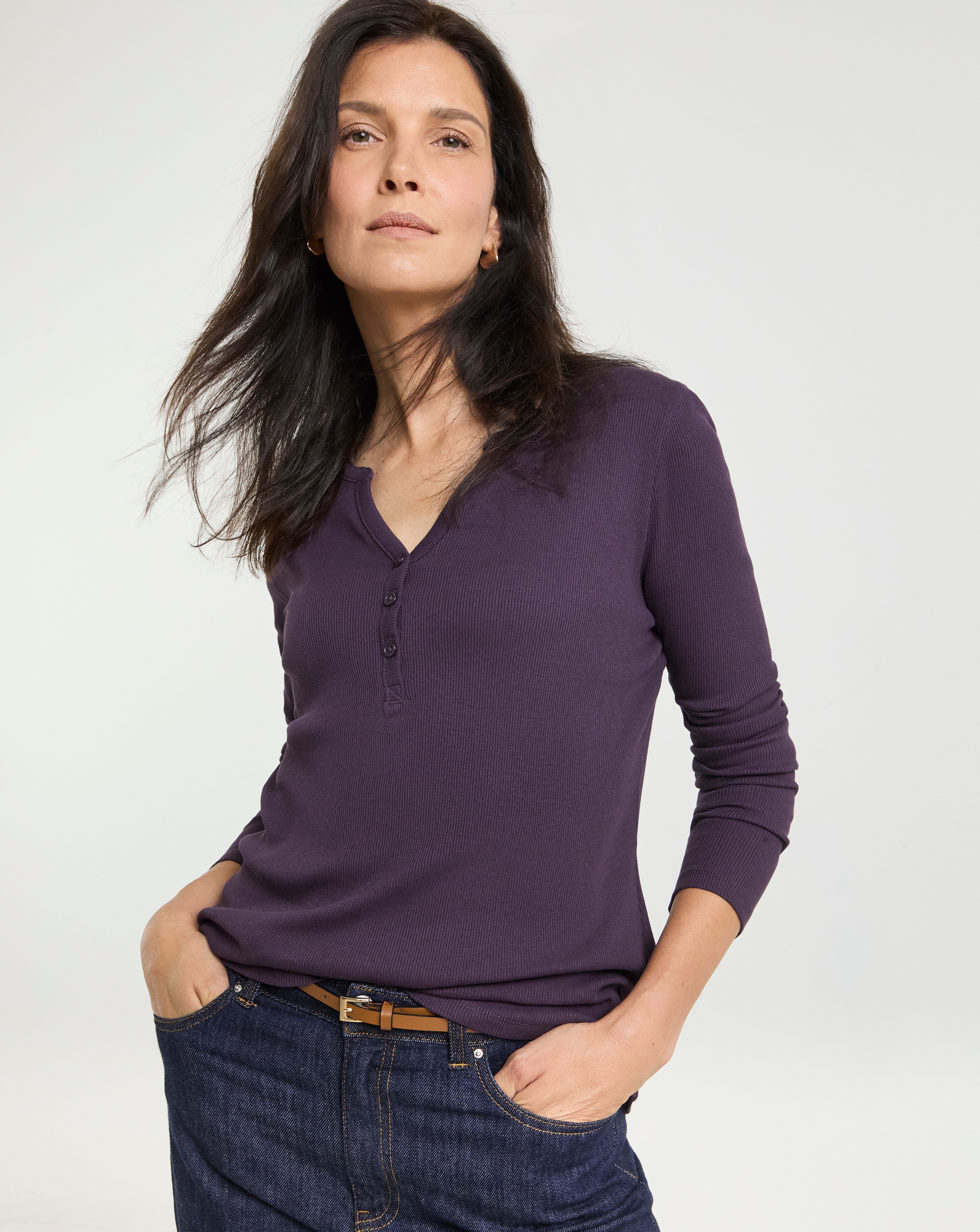 Henley Button Front Long Sleeve Top