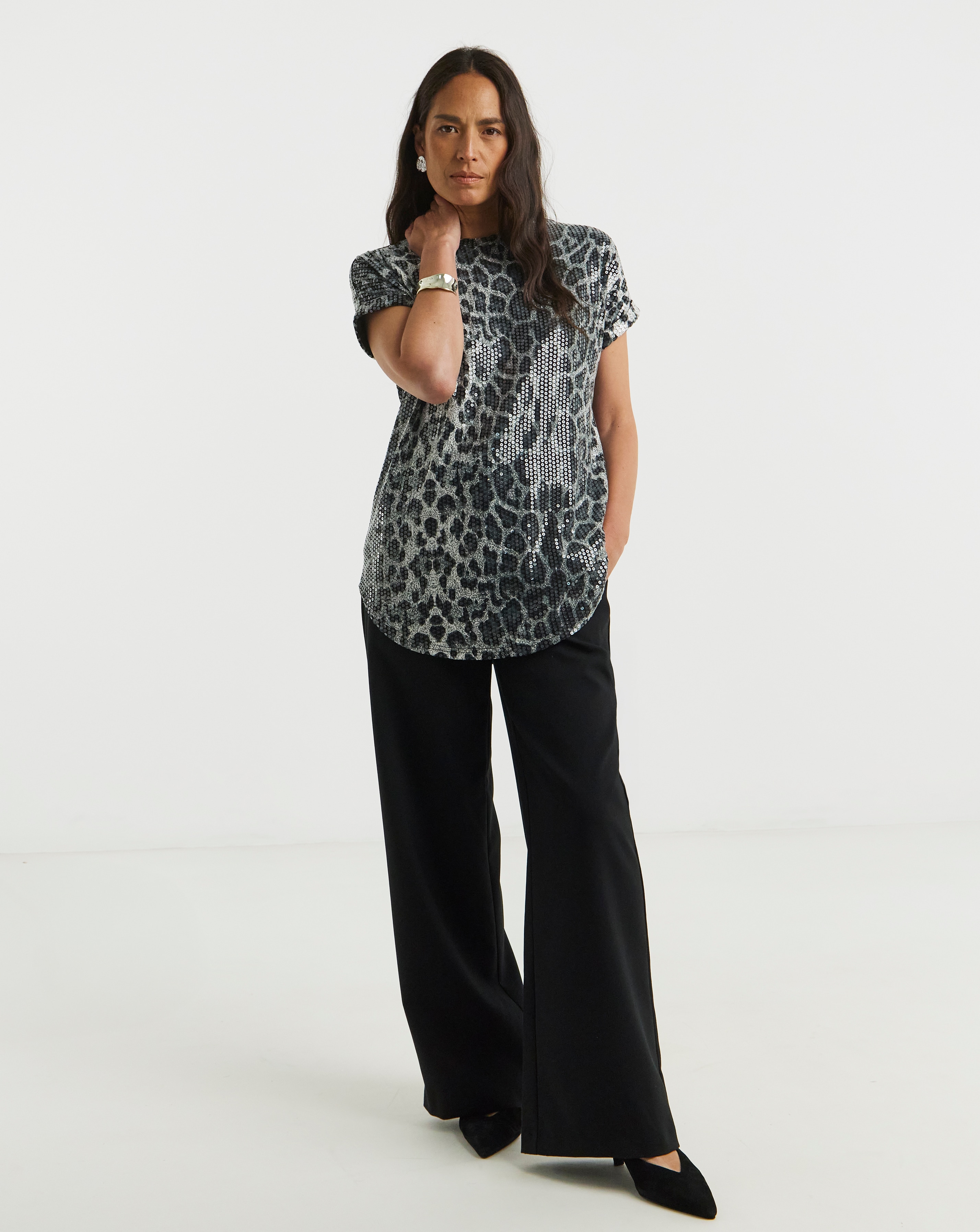 Sequin Longline Curved Hem Top
