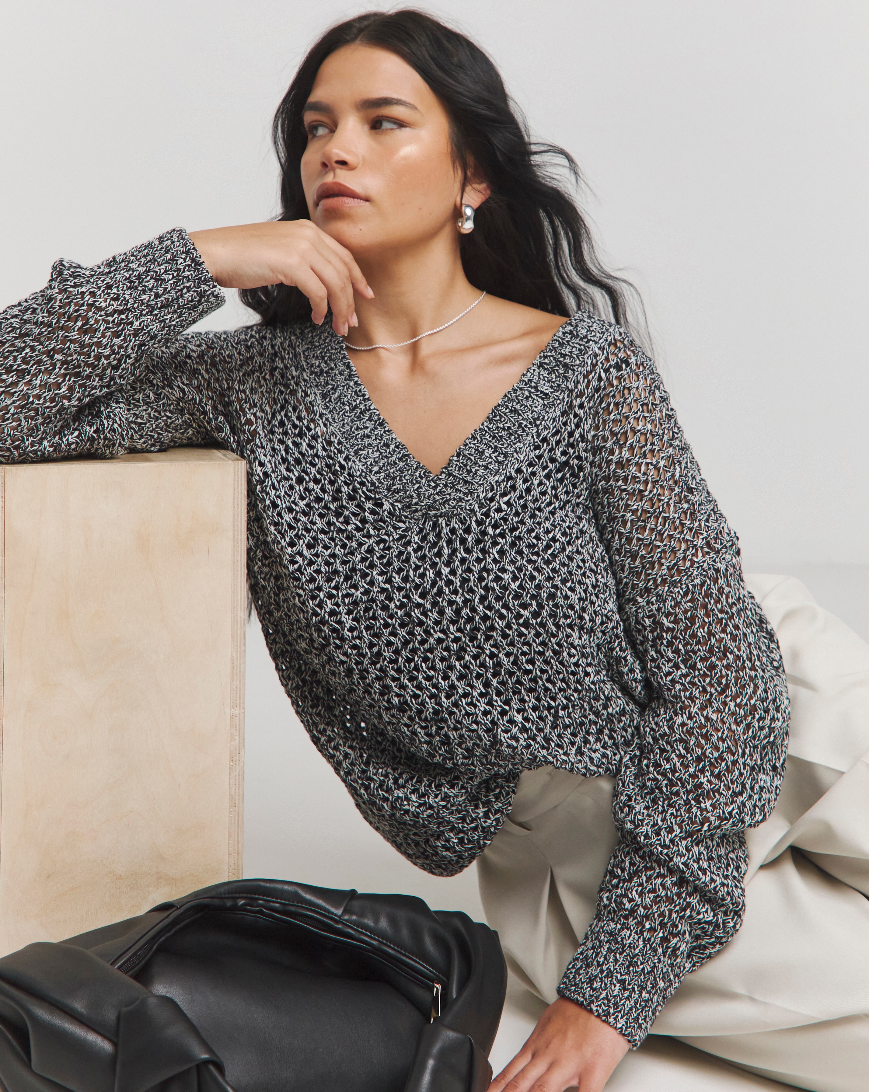 Grey Open Knit V Neck Longline Jumper