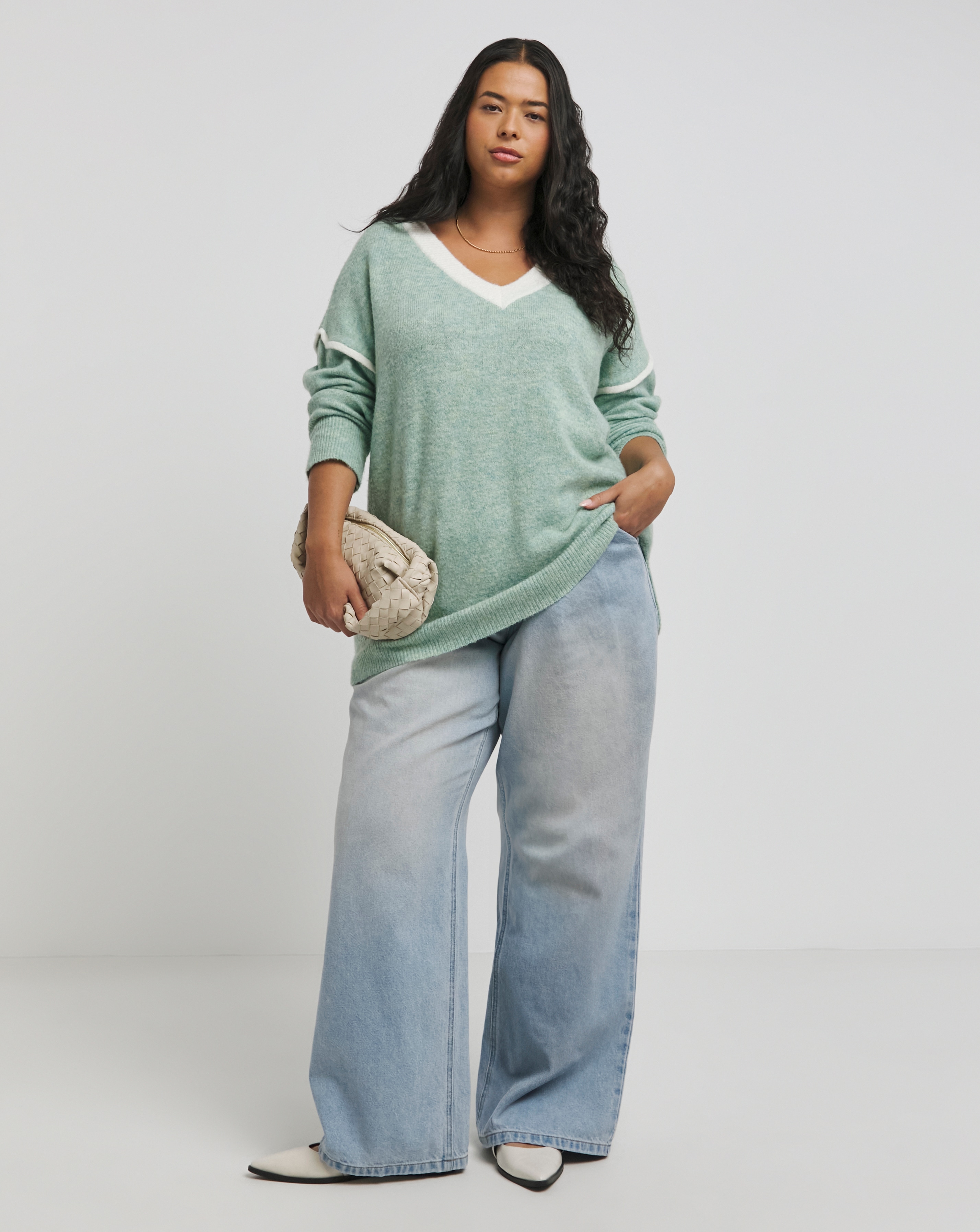 Green Contrast V Neck Longline Jumper
