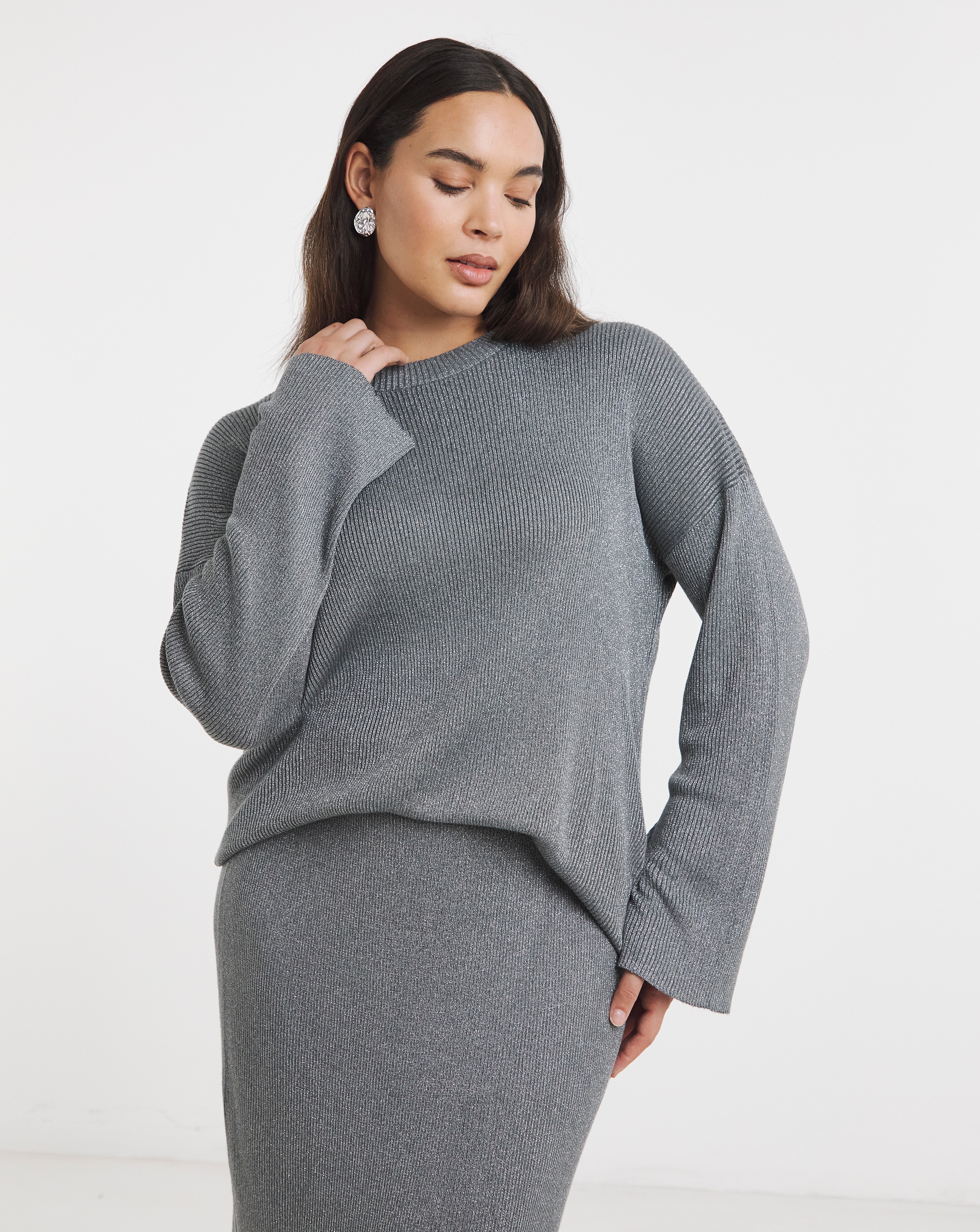 Metallic Ribbed Flute Sleeve Jumper