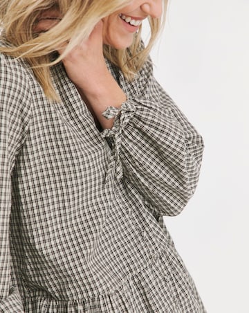 Womens Smock Frill Detail Button Through Blouse - Natural Check
