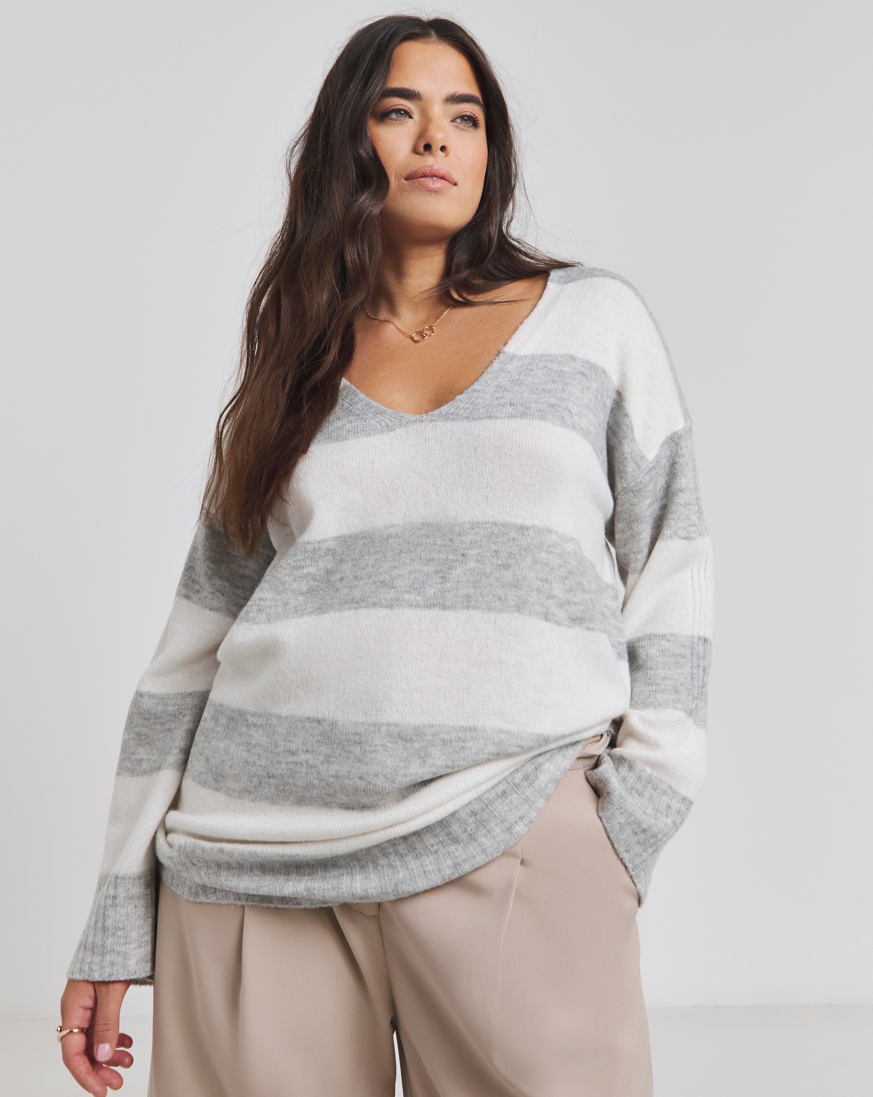 Stripe Slouchy V Neck Longline Jumper
