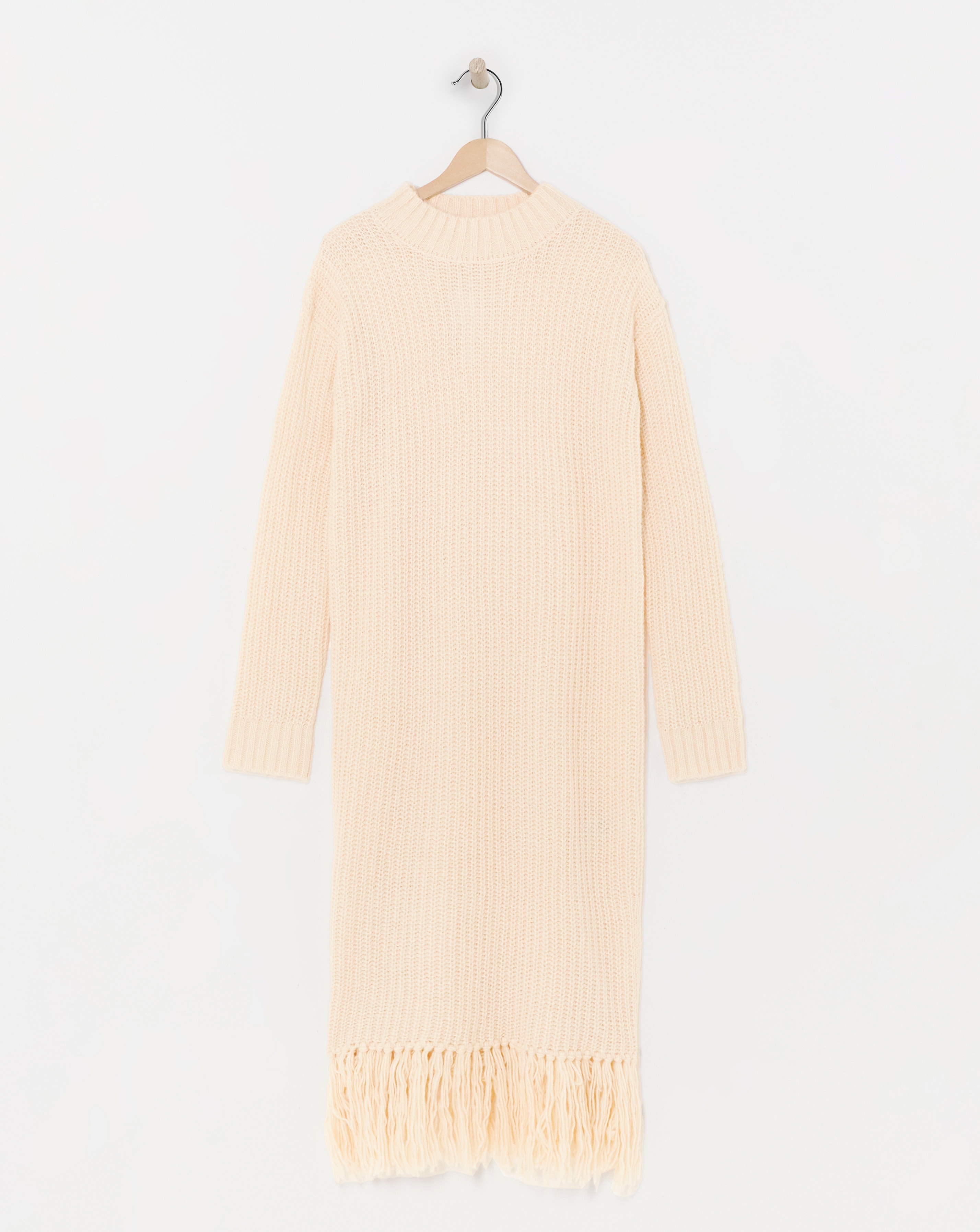 Cream Fringe Knitted Midi Dress
