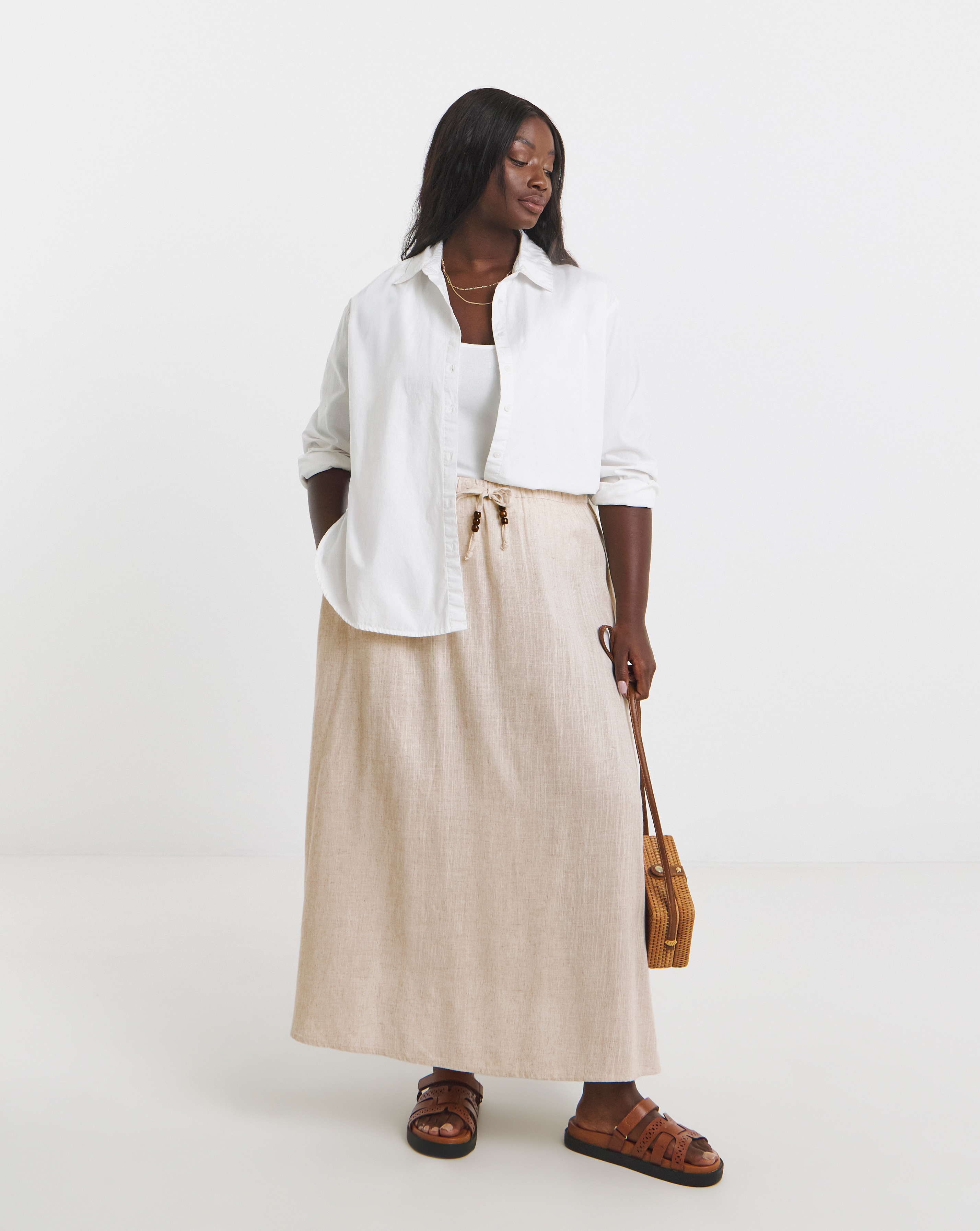 Tie Waist Bead Linen Mix Midaxi Skirt