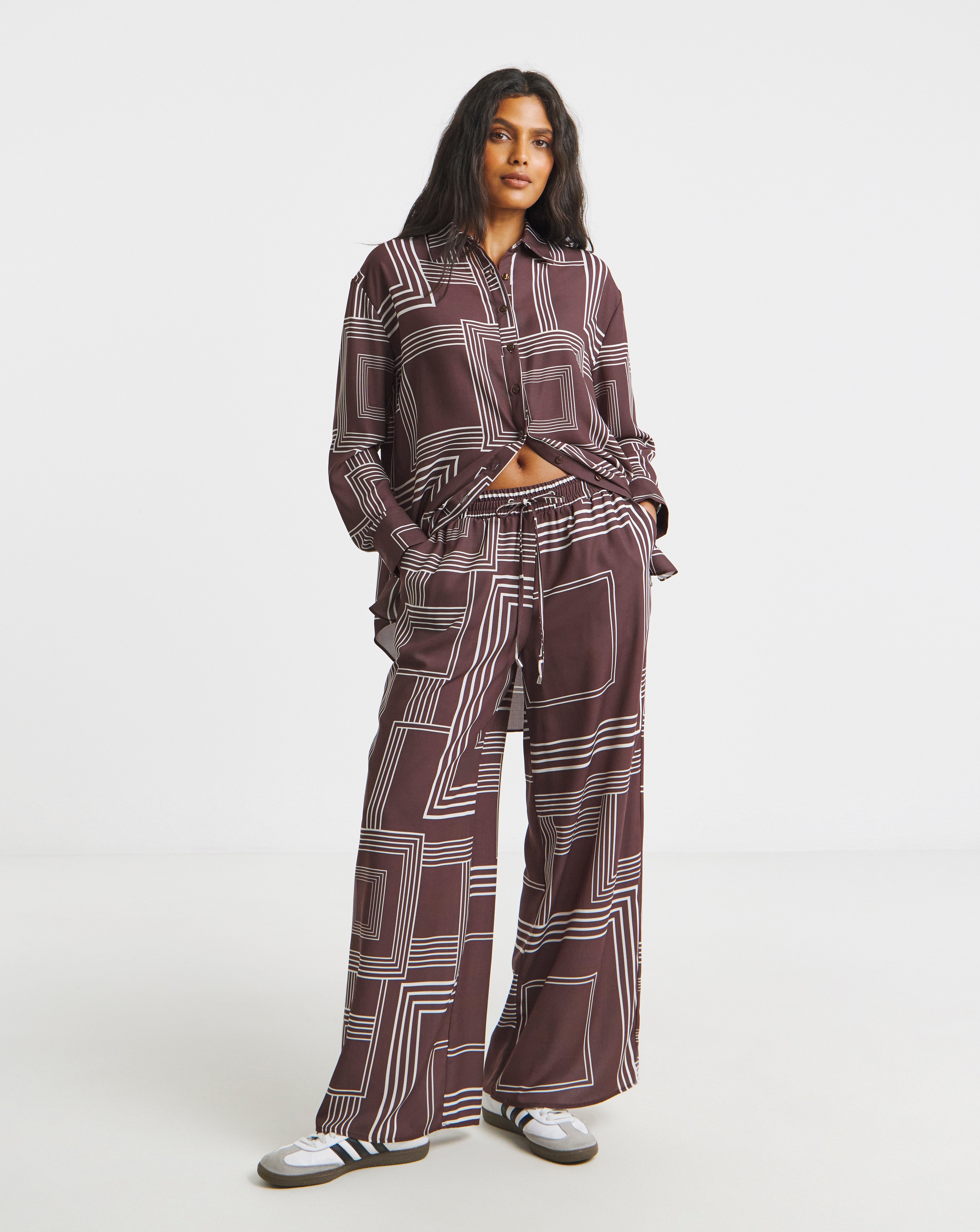 Herringbone drawstring Wide Leg Trousers