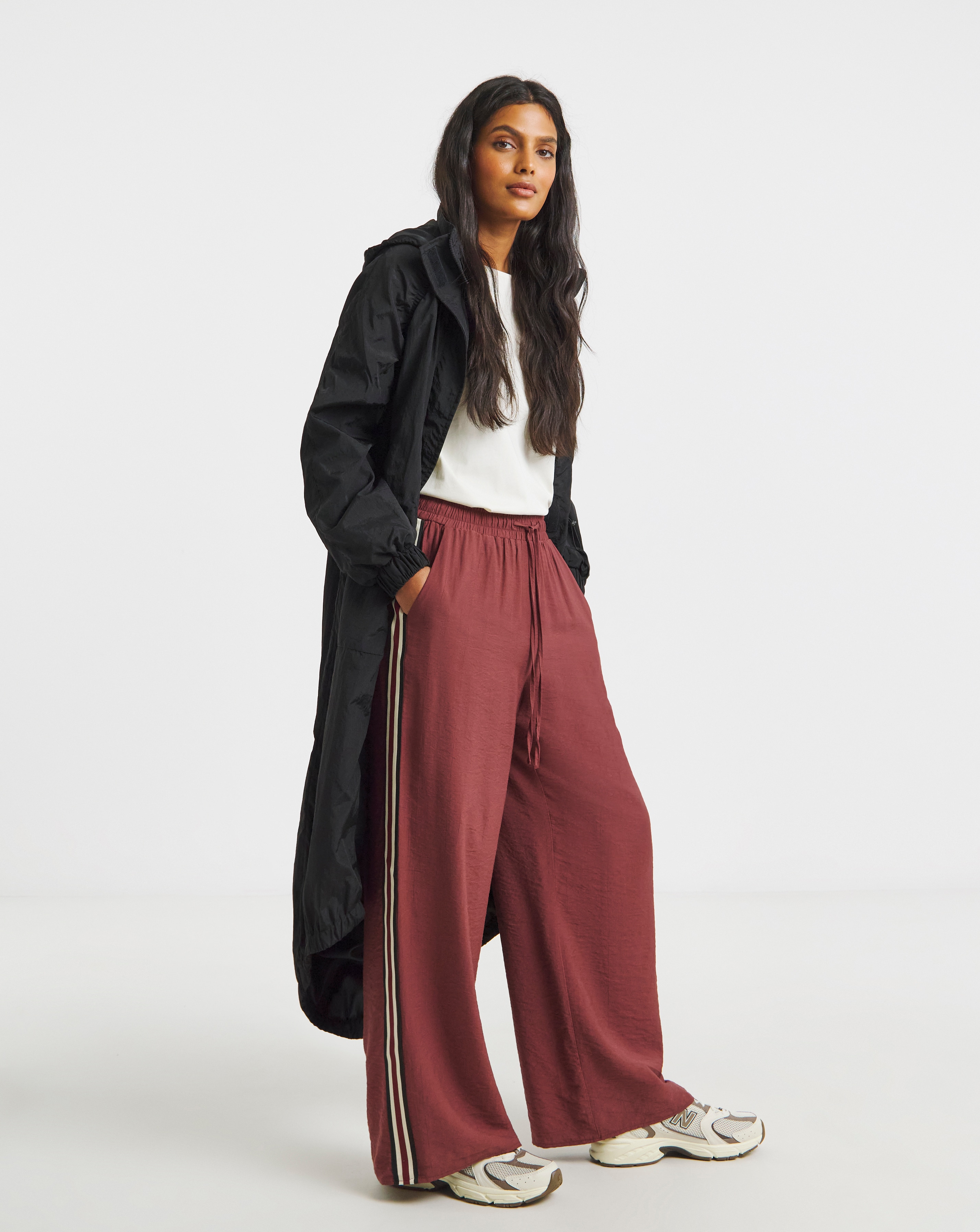 Burgundy Side Stripe Wide Leg Trousers
