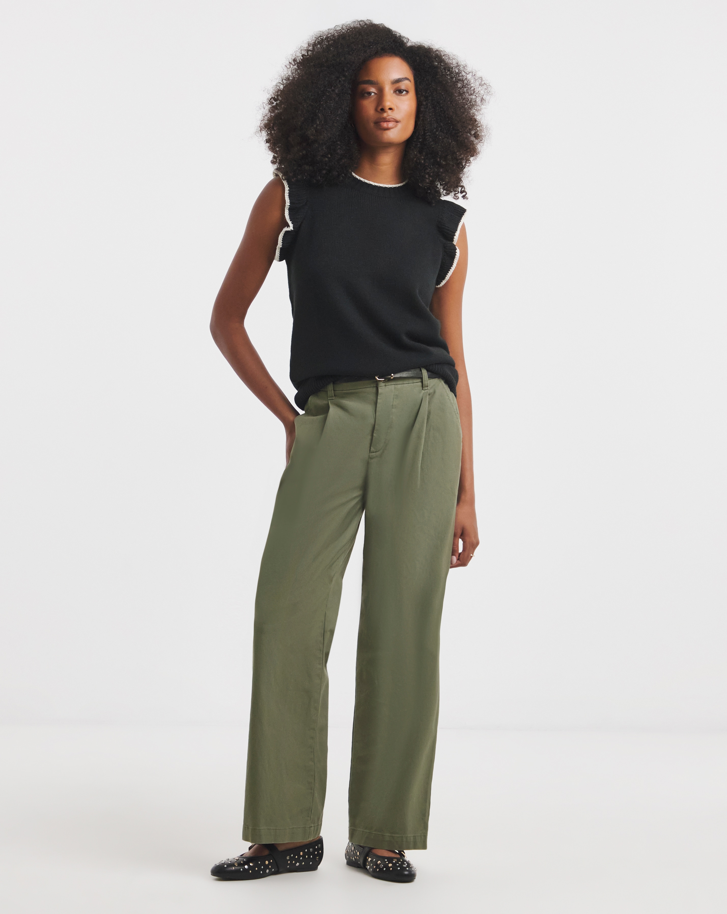 Khaki Wide Leg Chino Trousers