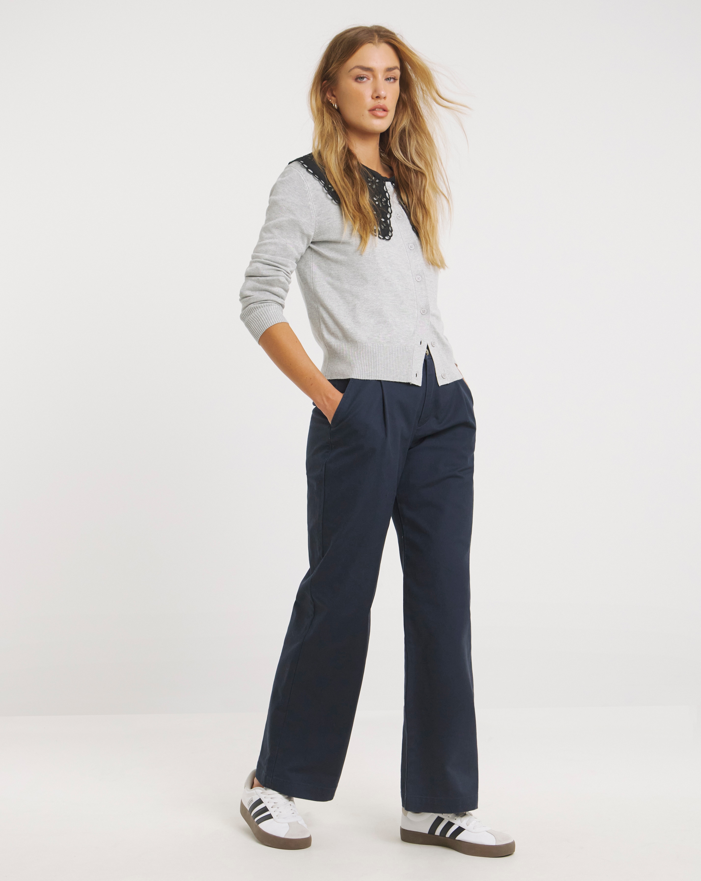 Navy Wide Leg Chino Trousers