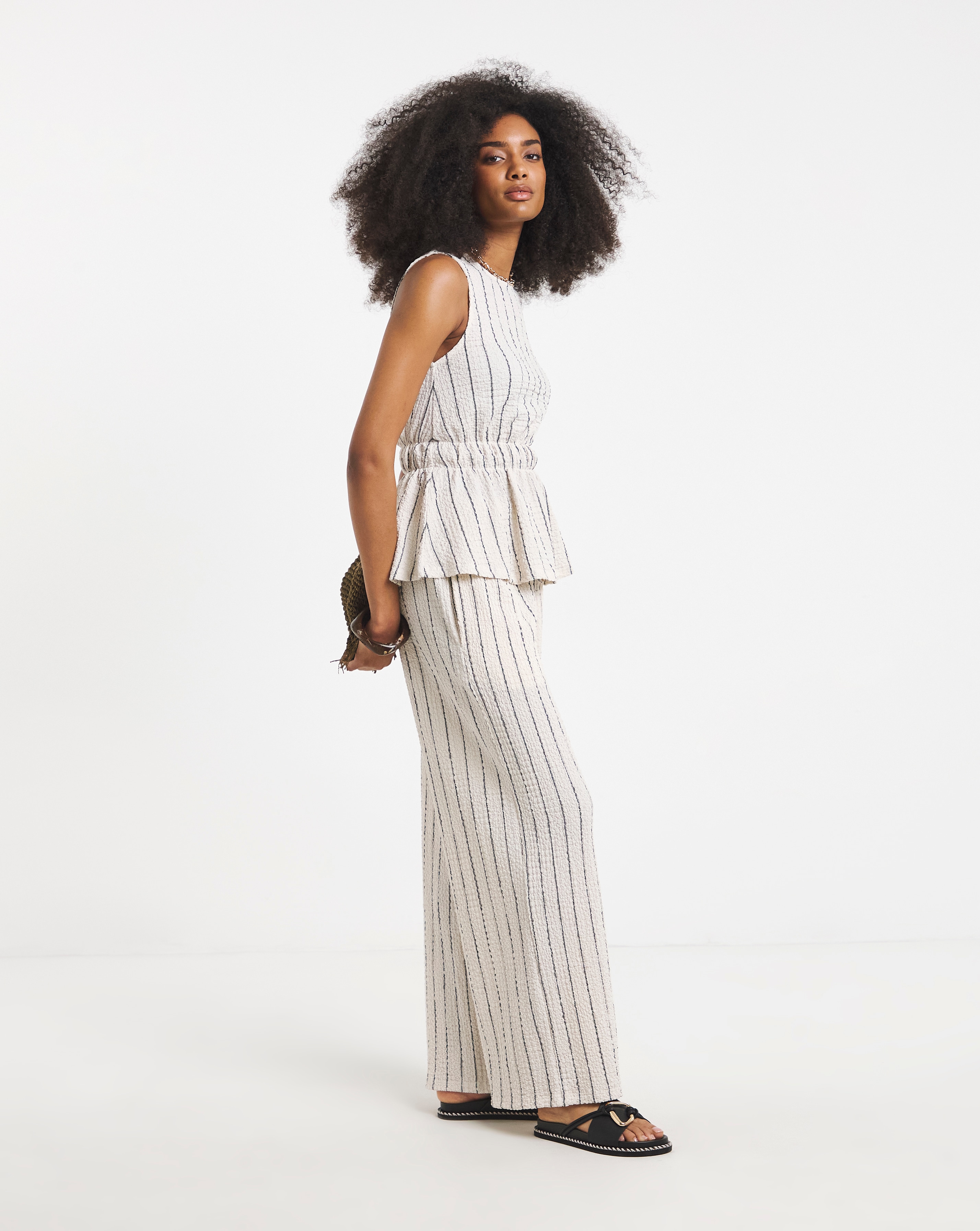 Ivory Stripe Waffle Wide Leg Trouser