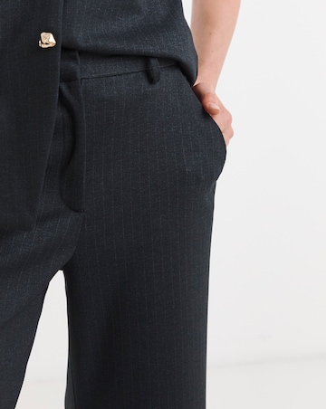 Navy Pinstripe Ponte Pleated Wide Leg Trouser