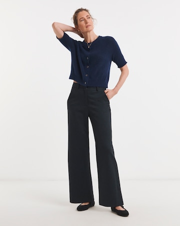 Navy Pinstripe Ponte Pleated Wide Leg Trouser