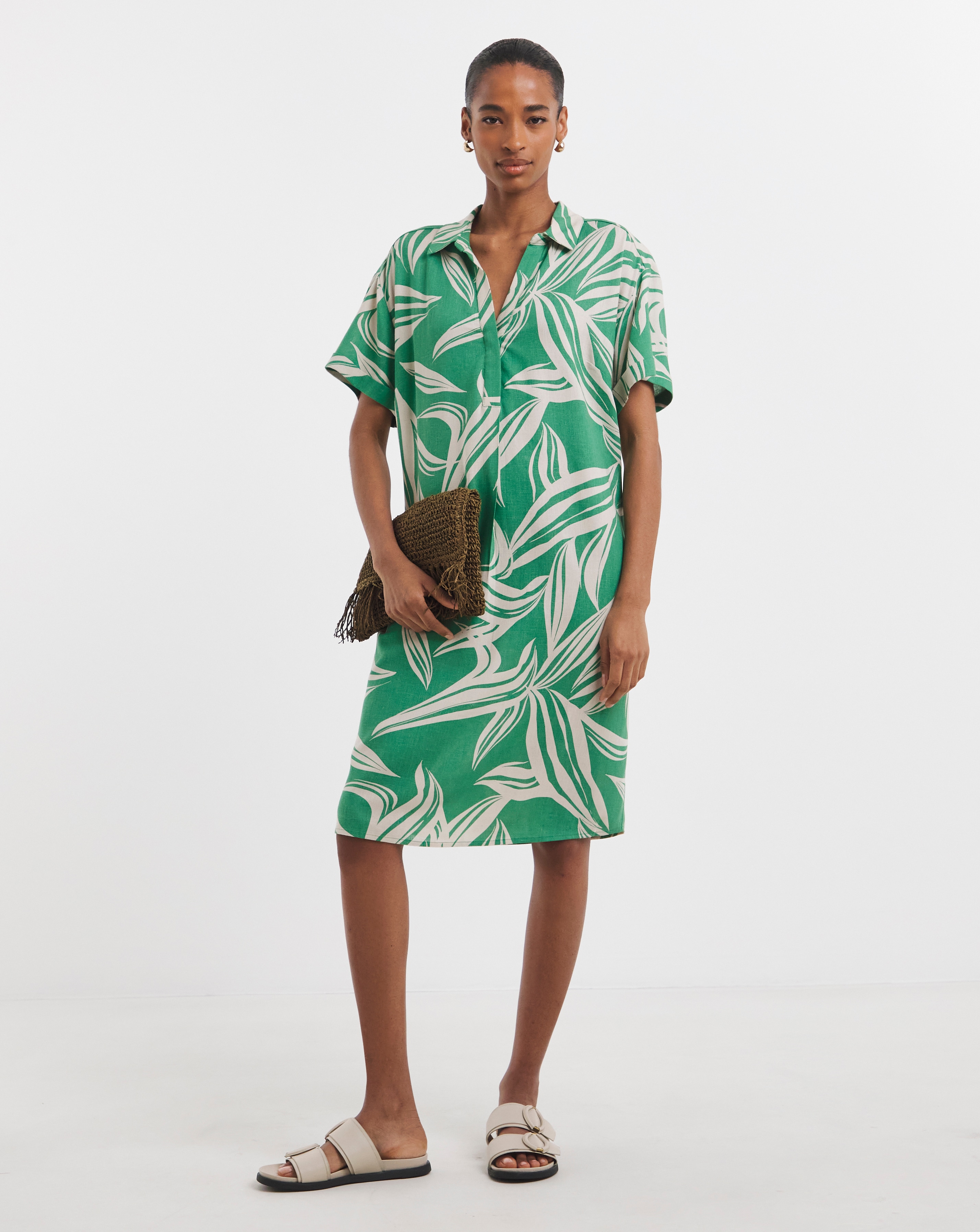 Linen Mix Collared Tunic Dress