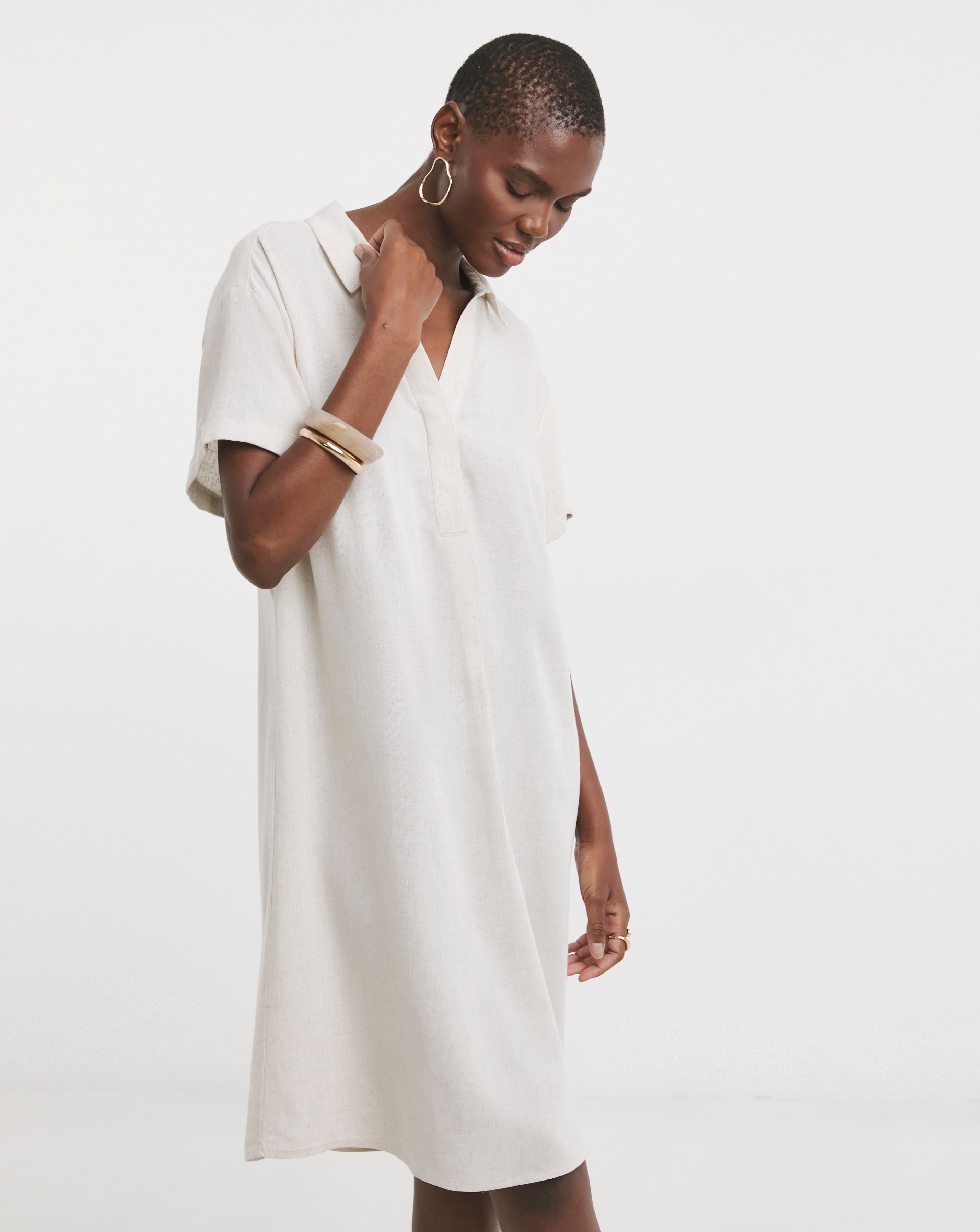 Linen Mix Collared Tunic Dress