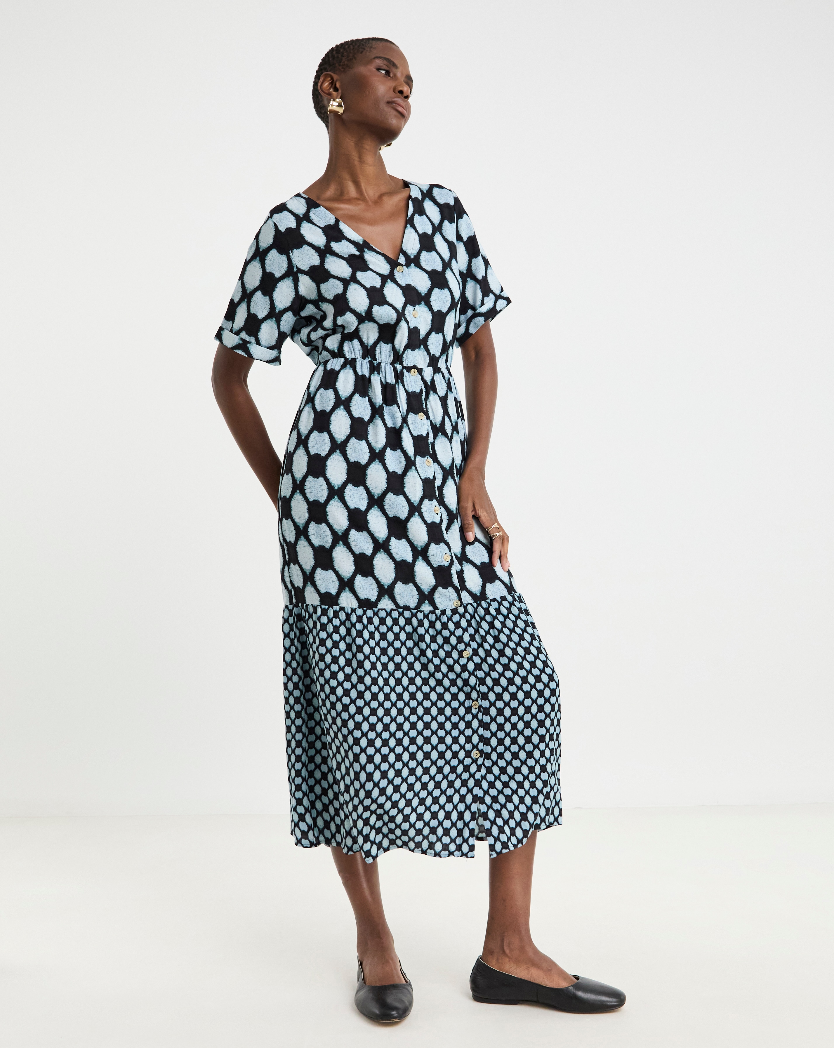 Contrast Print Button Through Dress