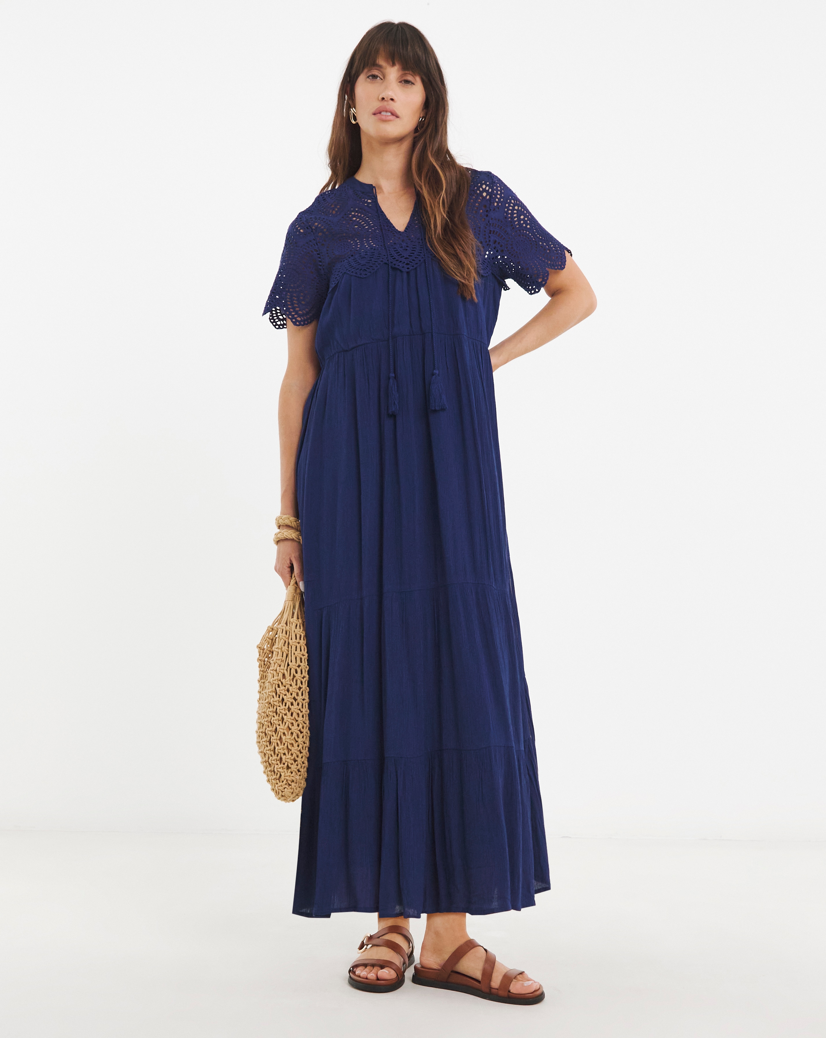 Crinkle Broderie Trim Smock Dress