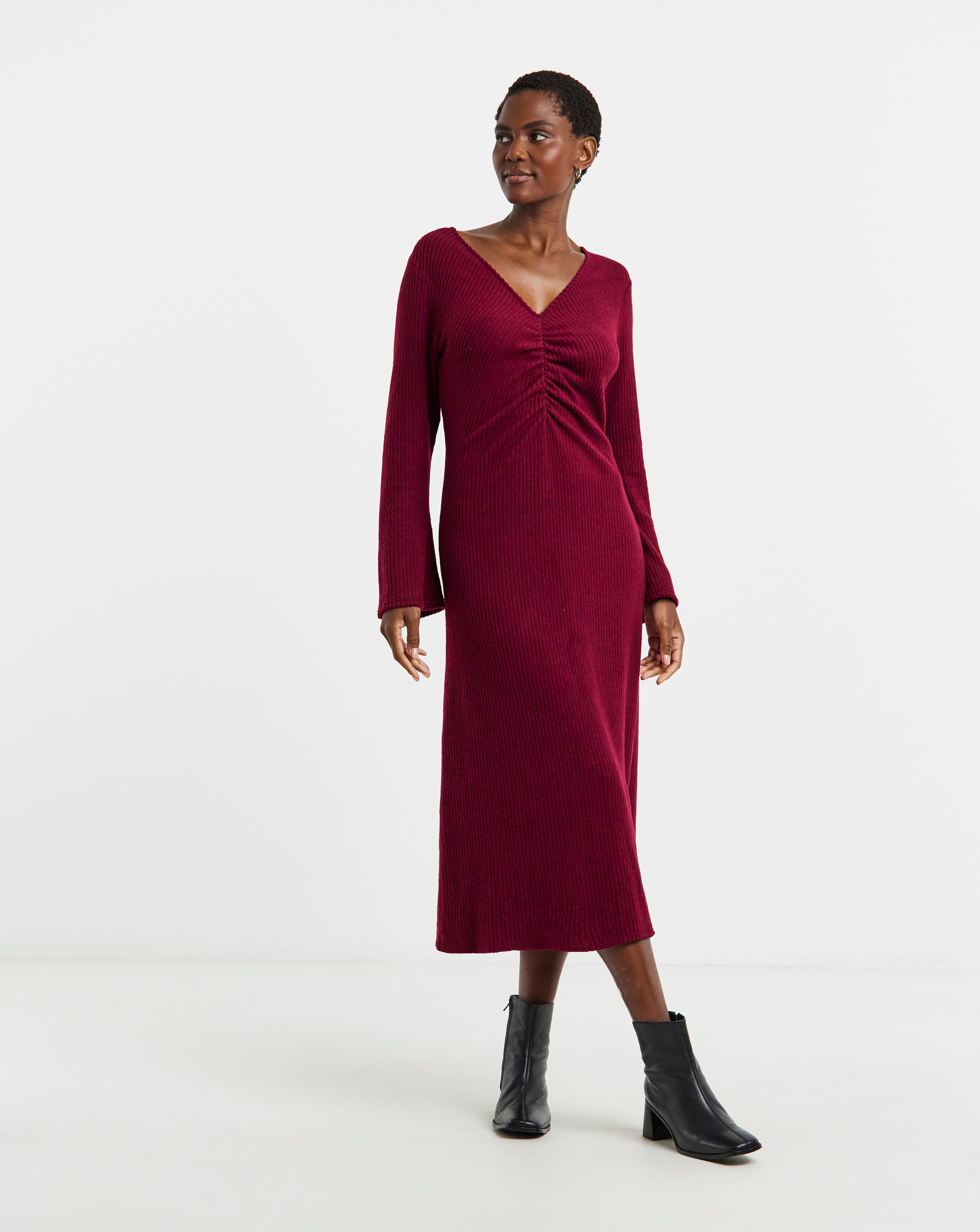 New In - V Neck Long Sleeve Ruched Rib Dress