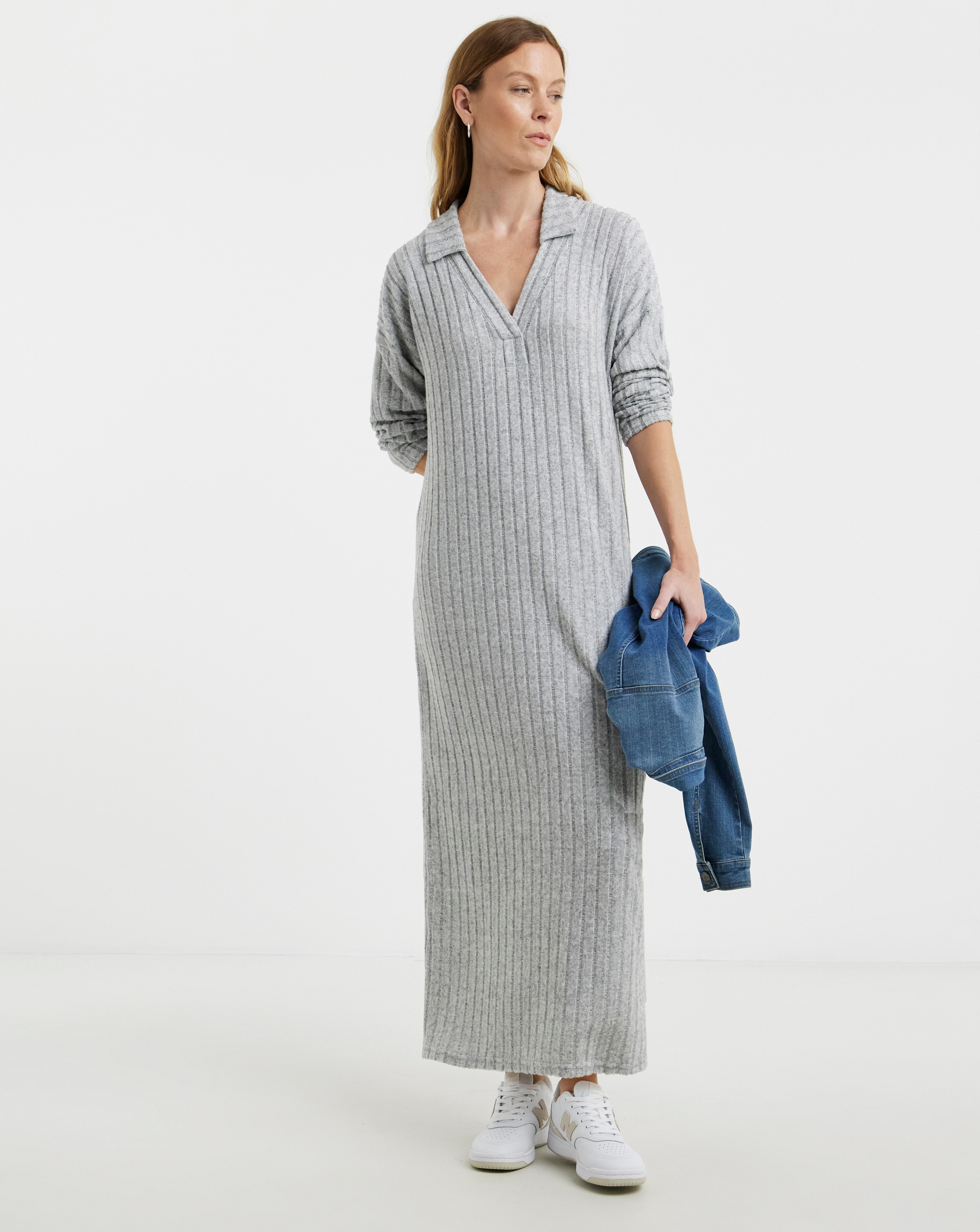 Collared Long Sleeve Rib Dress